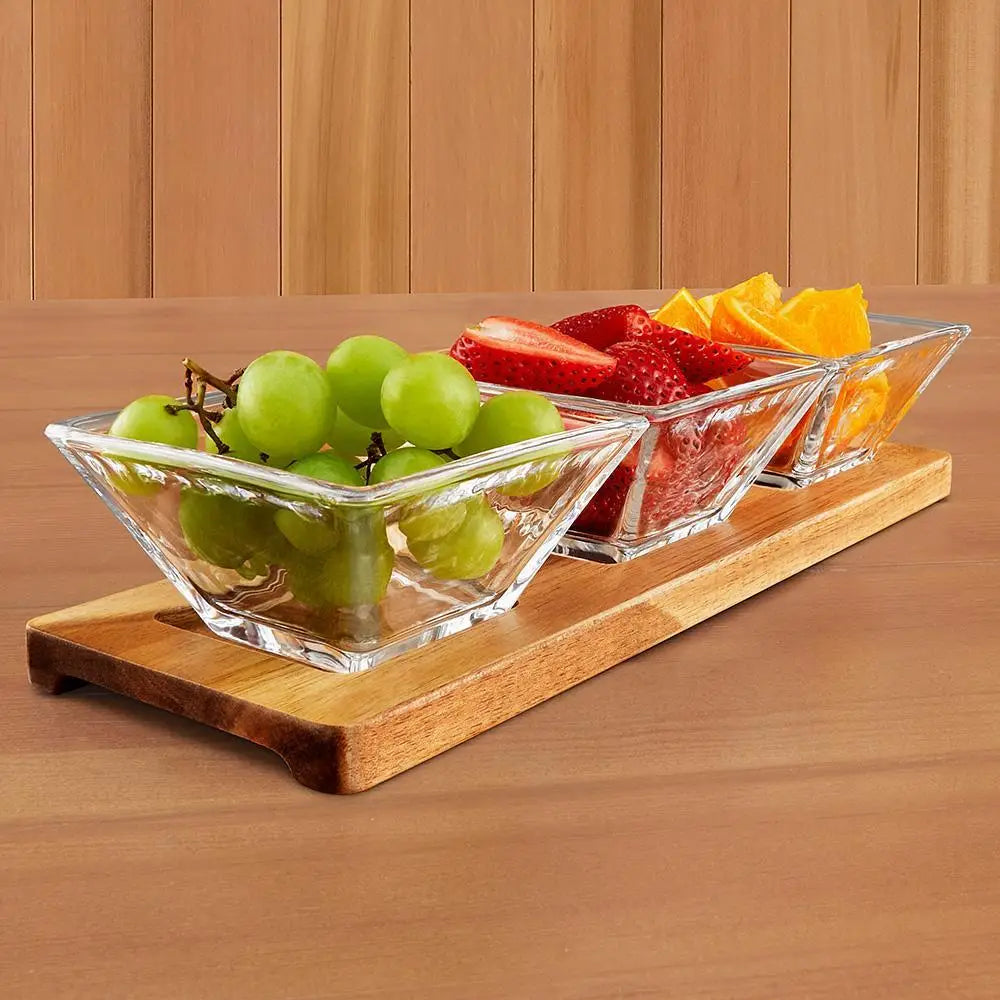 Hostess Set with 3 Glass Condiment Bowls On A Wood Tray