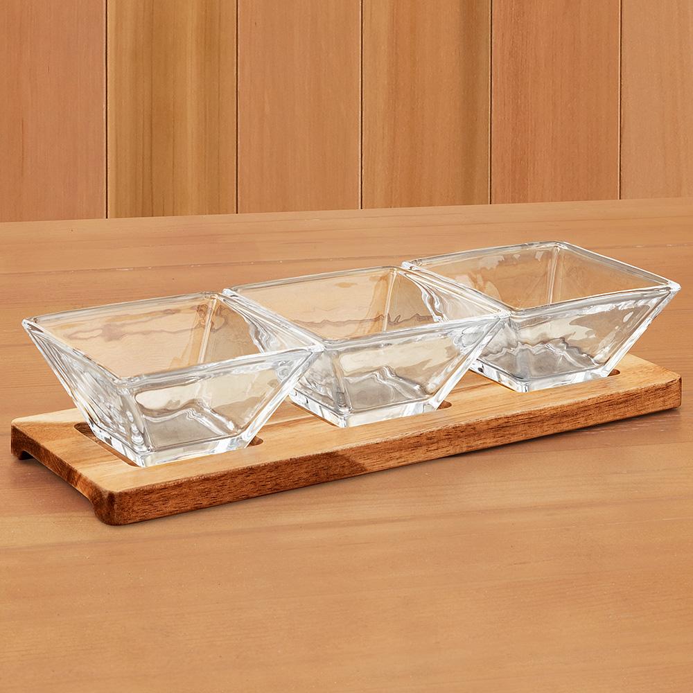 Hostess Set with 3 Glass Condiment Bowls On A Wood Tray