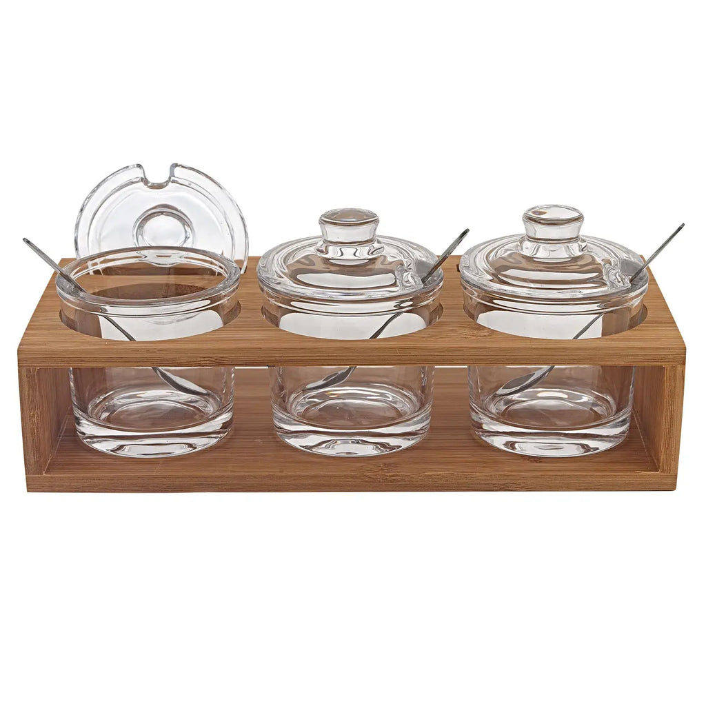 Glass Jam Set with 3 Glass Jars and Spoons On A Wood Stand