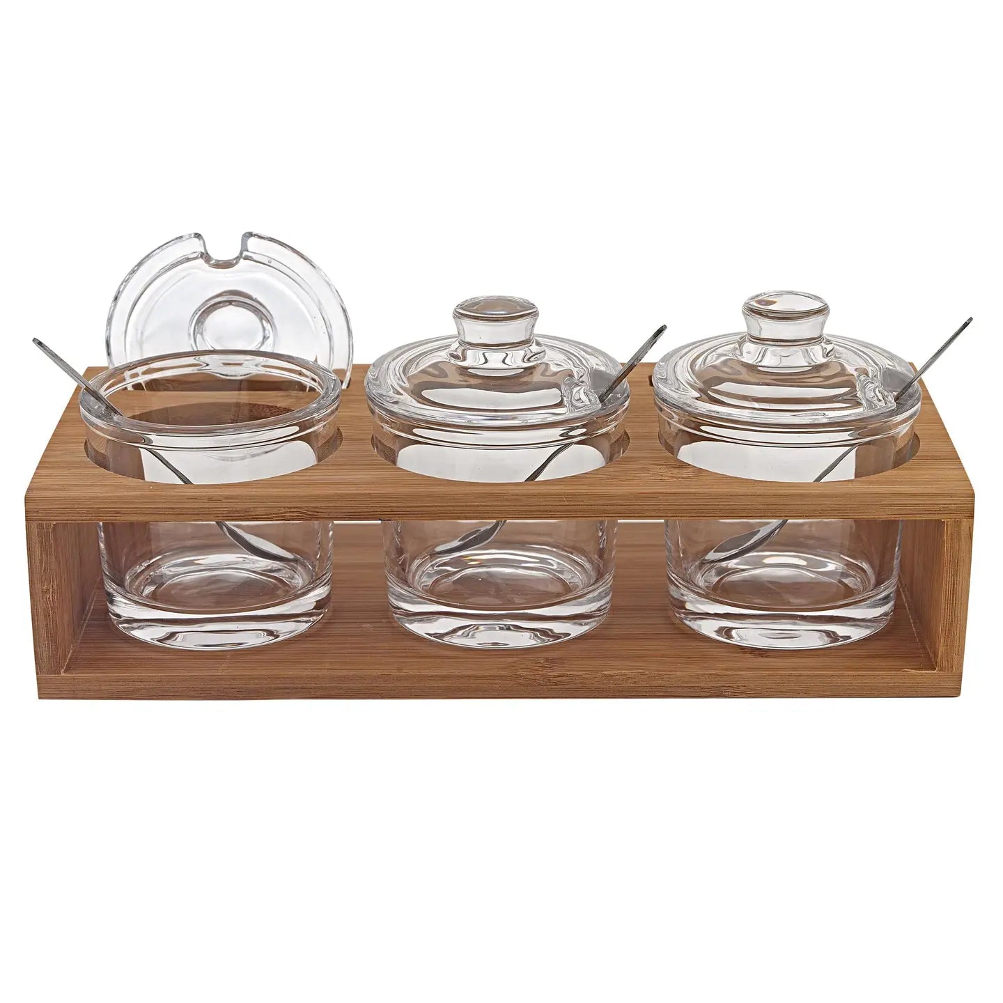 Glass Jam Set with 3 Glass Jars and Spoons On A Wood Stand