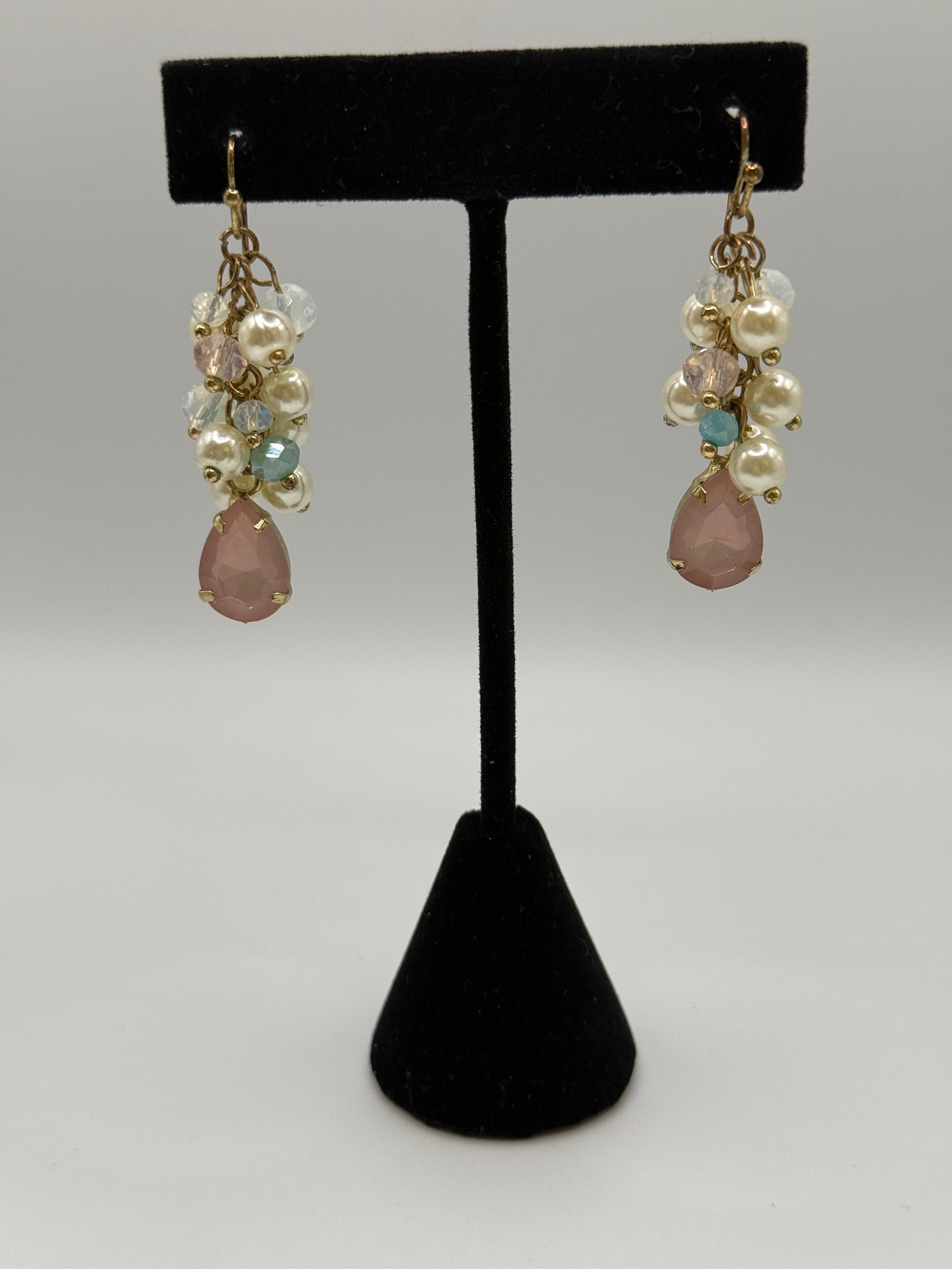 Pink Pear Drop with Pearls Dangle Earrings #126