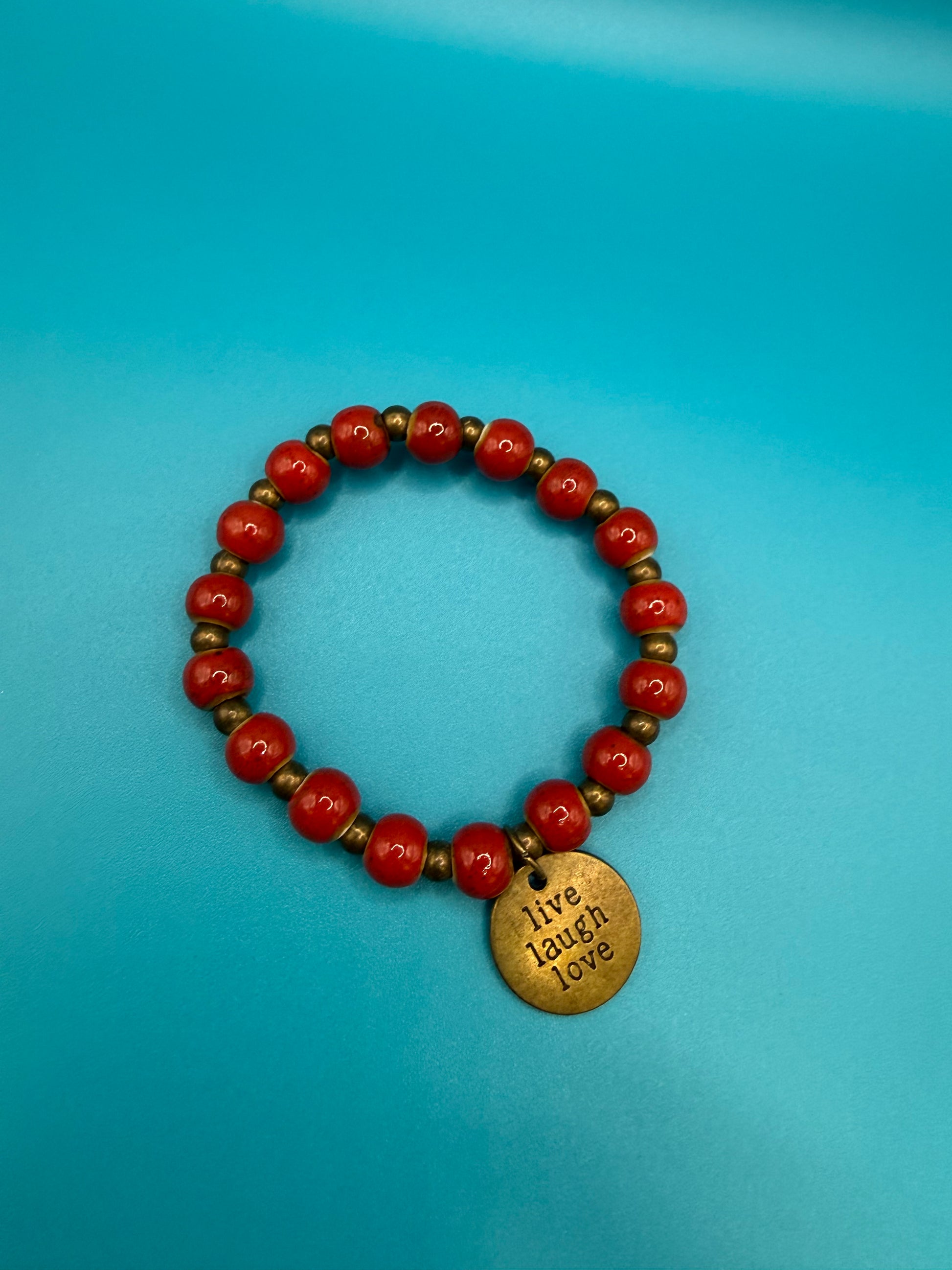 Red and Brass Bead Bracelet #664