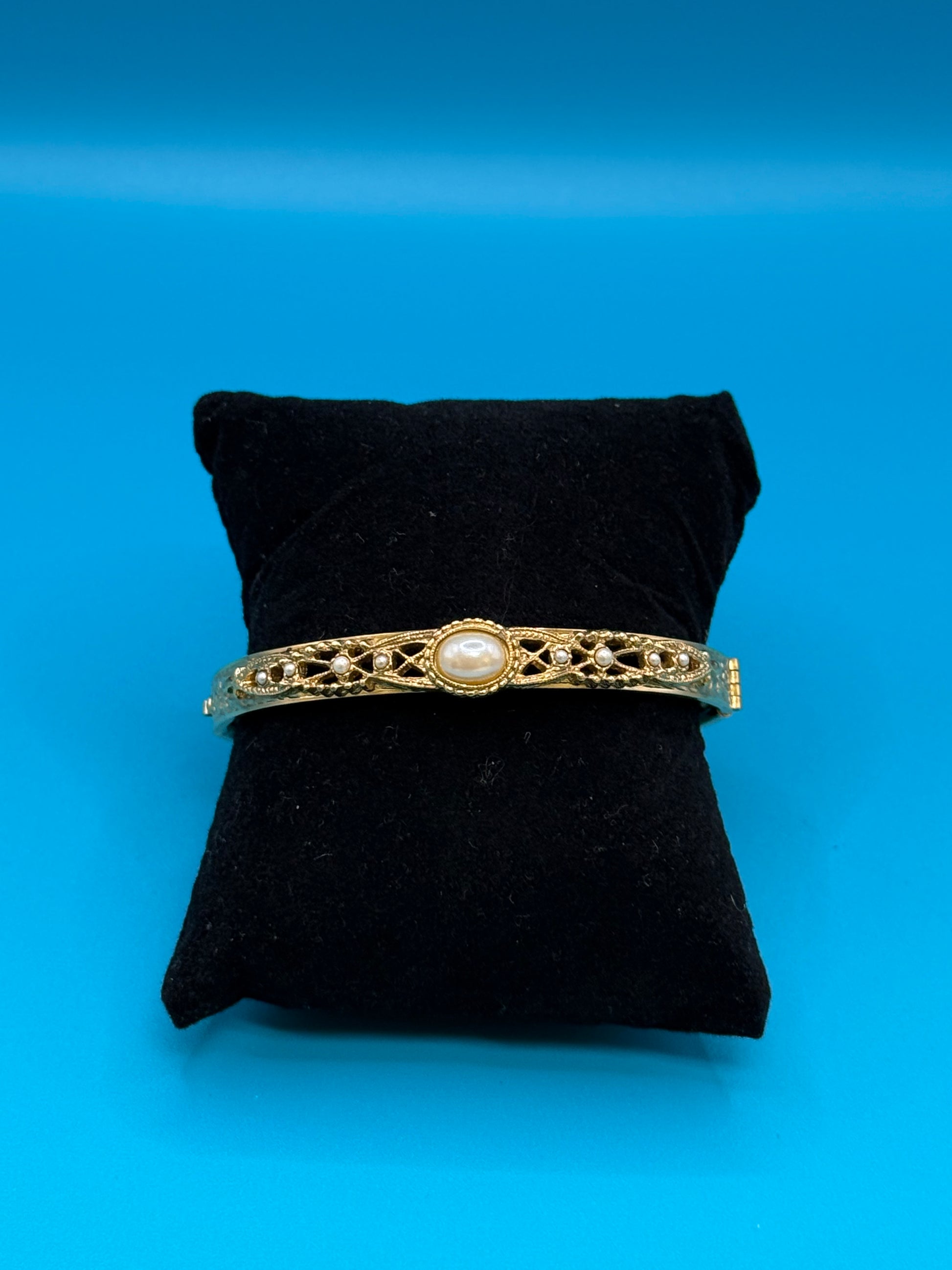 Gold and Pearl Filigree Bangle Bracelet