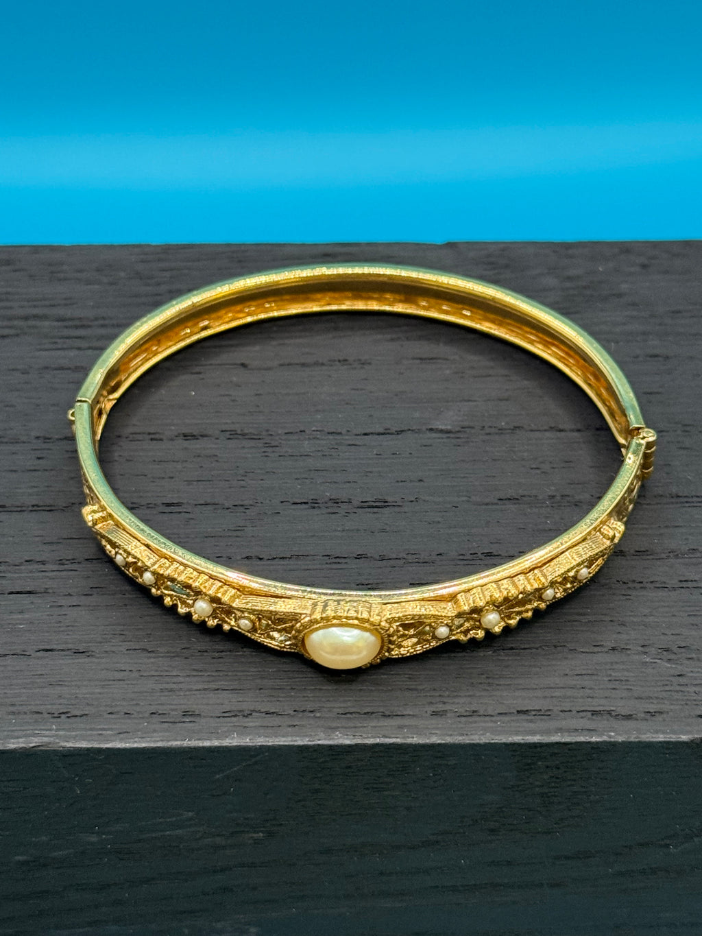 Gold and Pearl Filigree Bangle Bracelet