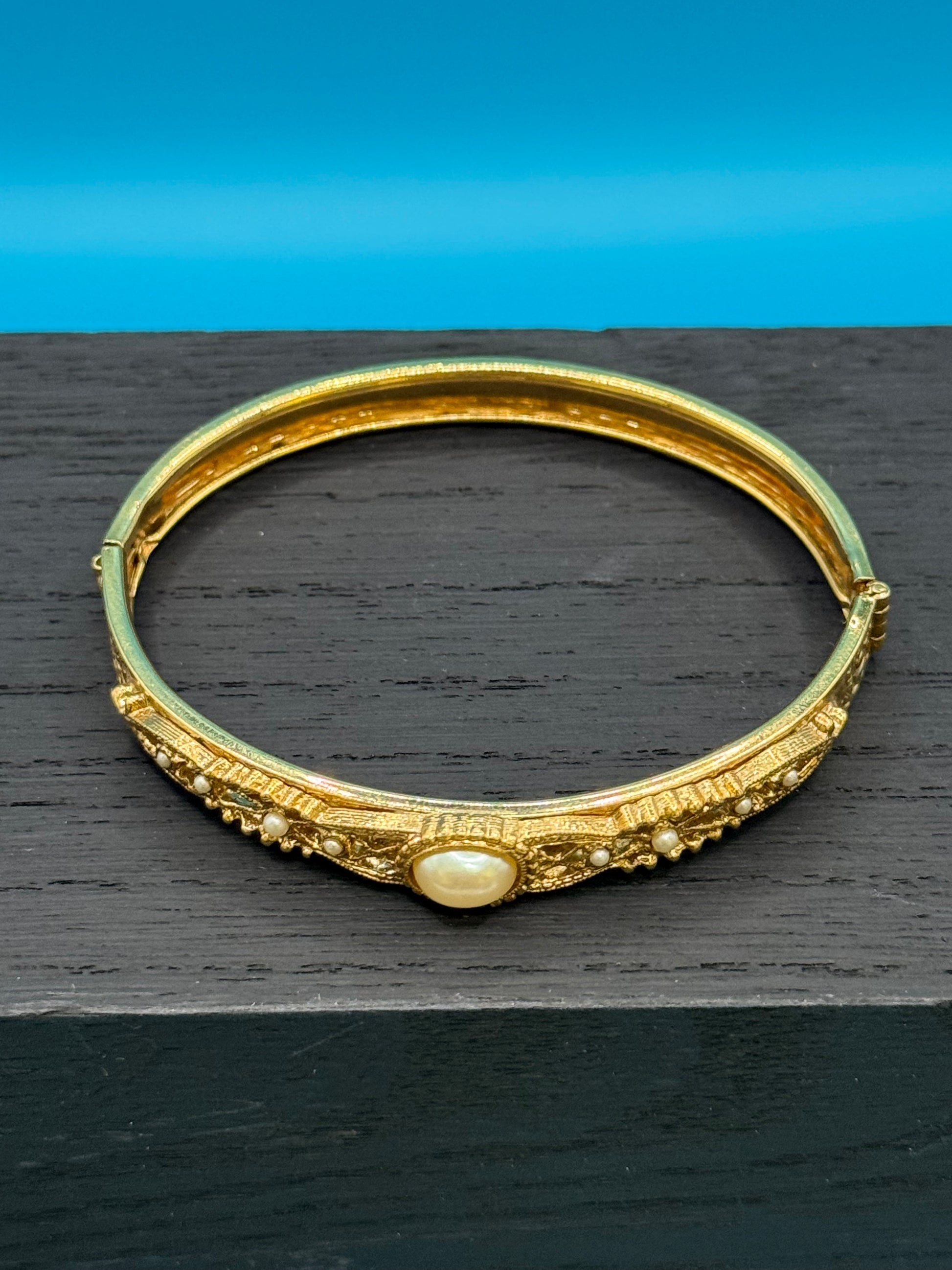 Gold and Pearl Filigree Bangle Bracelet