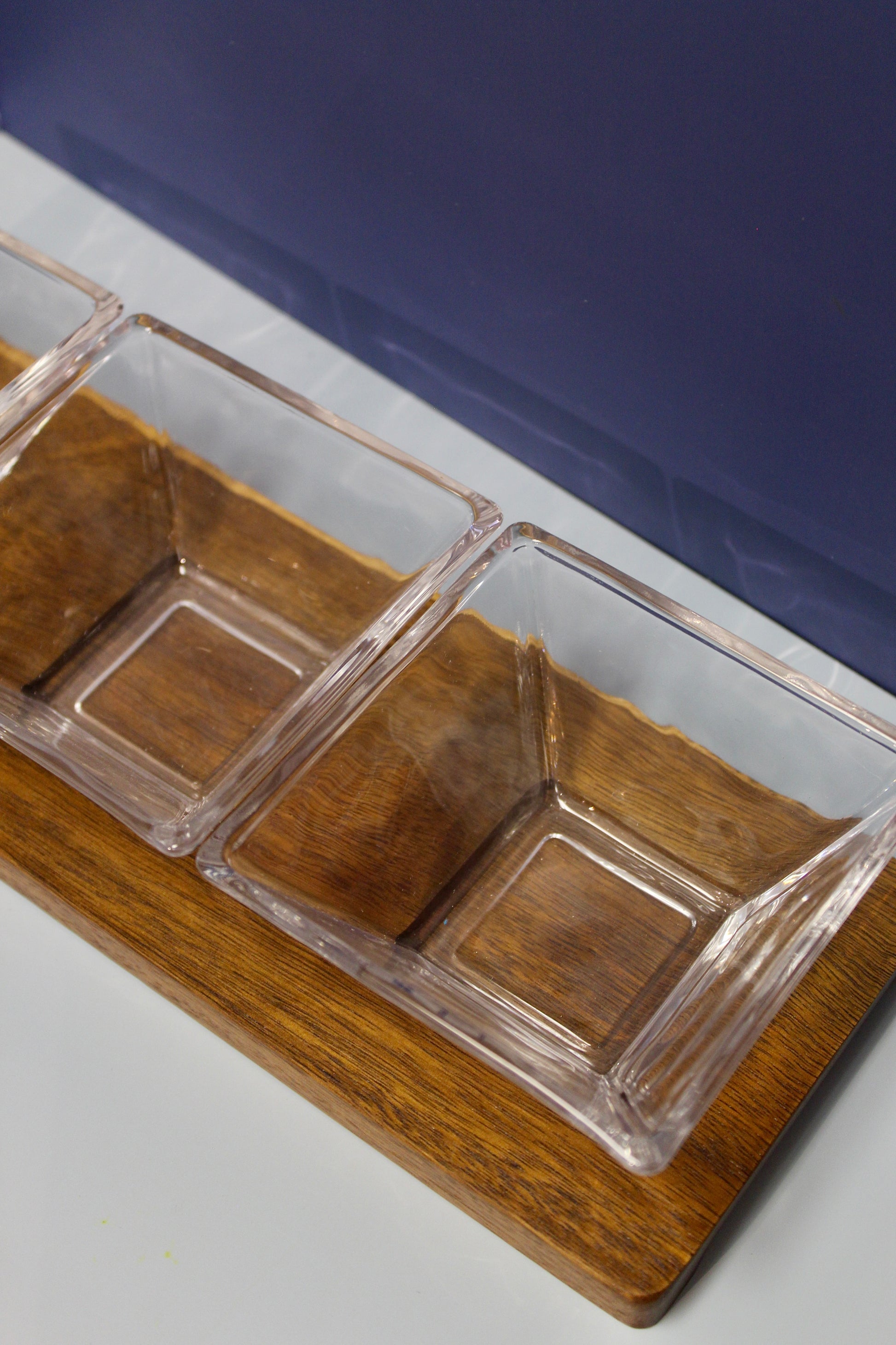Hostess Set with 3 Glass Condiment Bowls On A Wood Tray