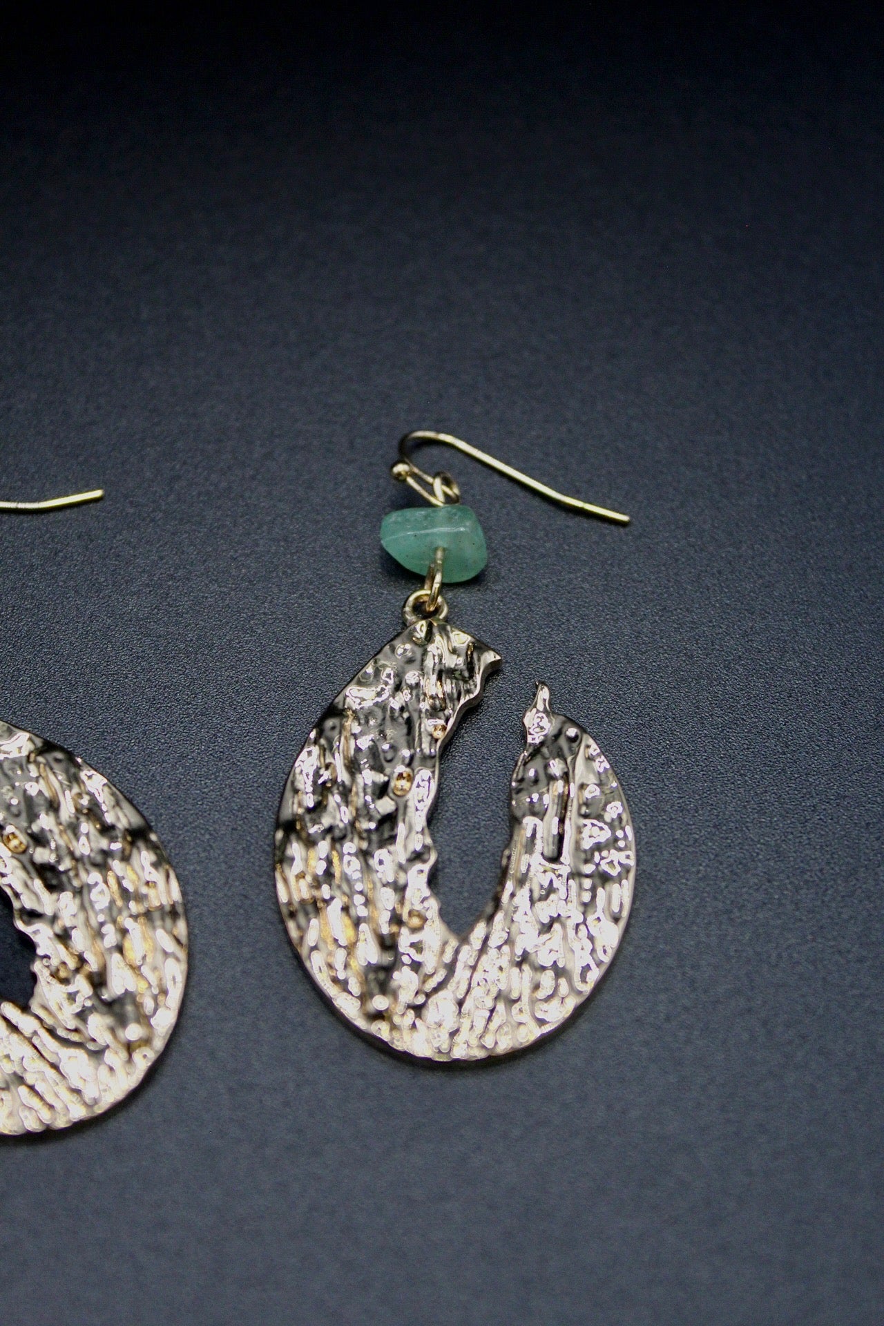 Gold Modern Teardrop with Green Stone Dangle Earrings