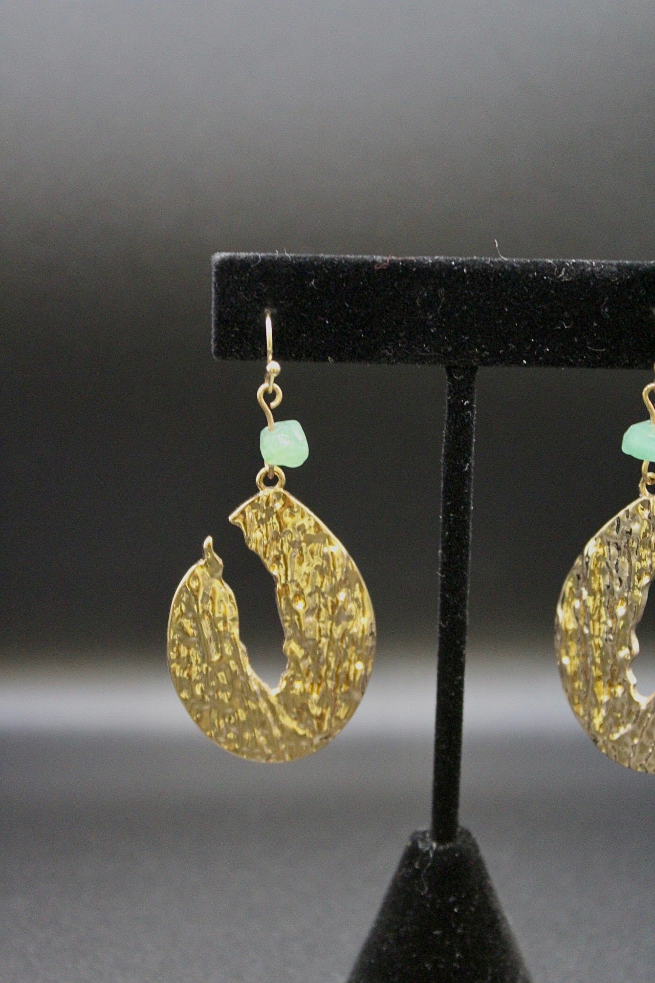 Gold Modern Teardrop with Green Stone Dangle Earrings