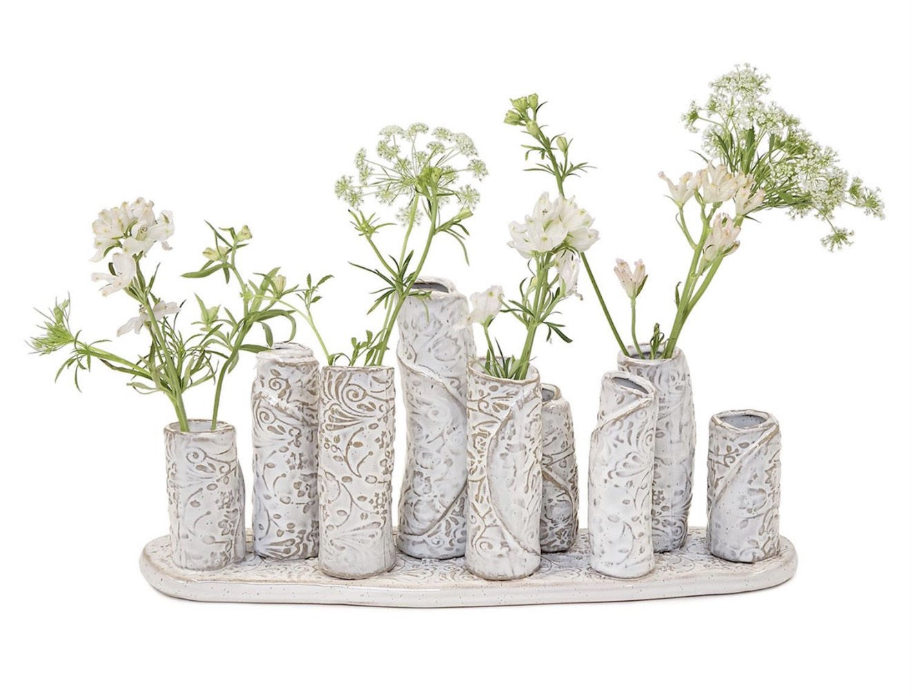 White Washed Embossed Pattern Multi Vase on Platform